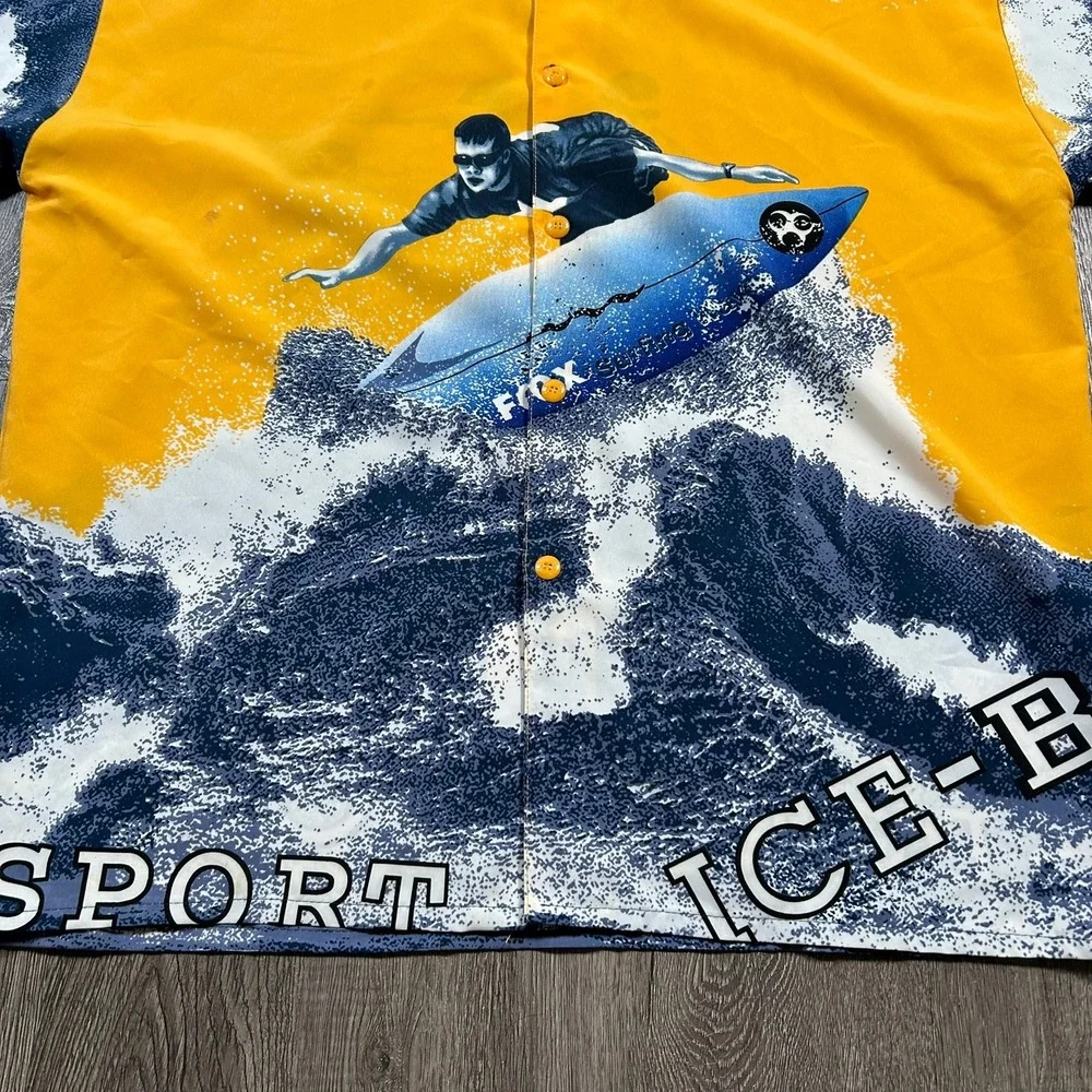 Ice Collection Button Up Shirt XXL Yellow Blue Vintage 90s Surfer Graphic Sport